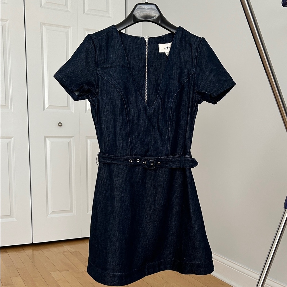 7 For All Mankind Dark Blue V-Neck Mini Dress - Picture 2 of 6